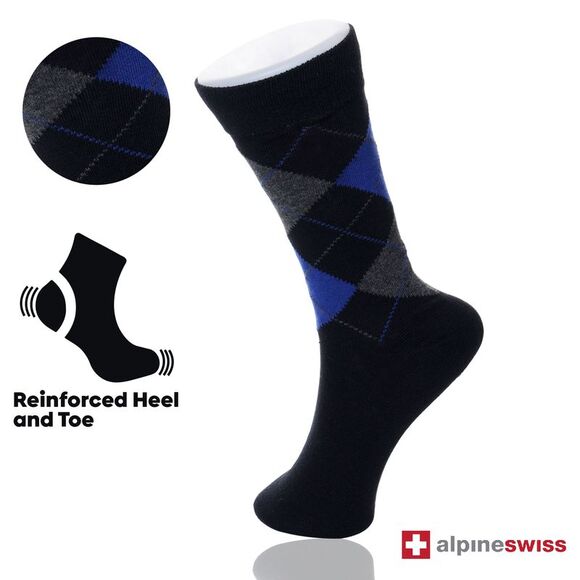Alpine Swiss 6 Pack Mens Cotton Dress Socks Mid Calf Argyle Pattern Solids Set - Picture 4 of 9